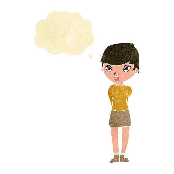 Cartoon shy woman with thought bubble — Stock Vector