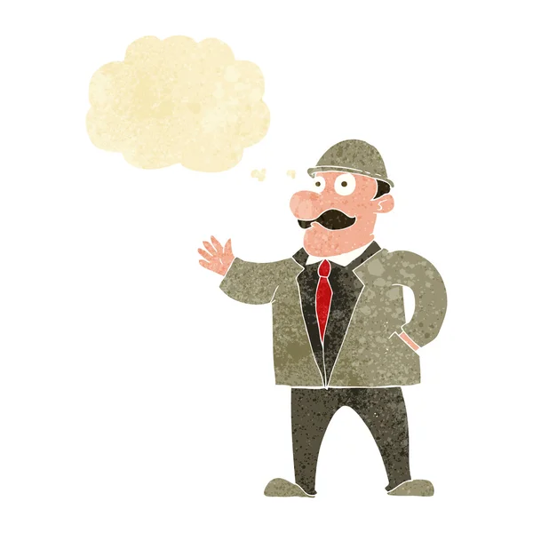 Homme d'affaires sensible dessin animé dans chapeau melon avec bulle de pensée — Image vectorielle