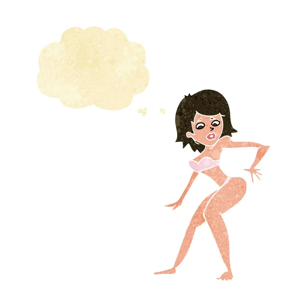 Mujer de dibujos animados en bikini con burbuja de pensamiento — Vector de stock