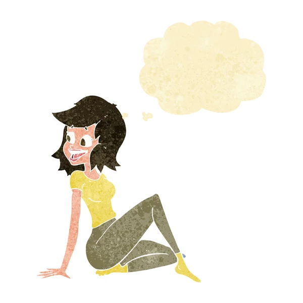 Dibujos animados mujer bonita mirando feliz con burbuja de pensamiento — Archivo Imágenes Vectoriales