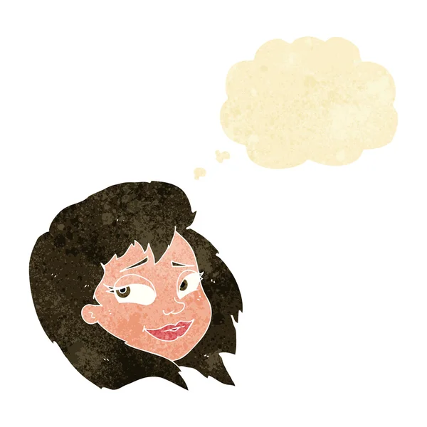 Desenho animado rosto feminino feliz com bolha de pensamento — Vetor de Stock