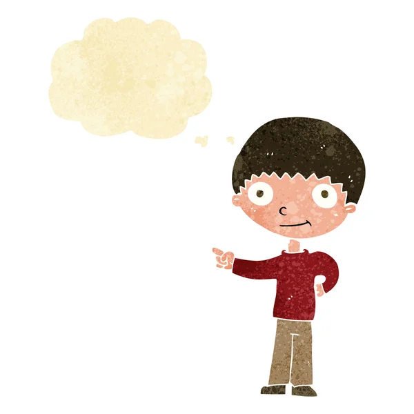 Καρτούν χαρούμενο αγόρι δείχνει με φούσκα σκέψης — Διανυσματικό Αρχείο