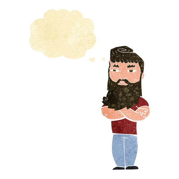 Cartoon serieuze man met baard met gedachte zeepbel — Stockvector