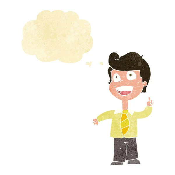 Kreslený školní chlapec zvedá ruku s myšlenkovou bublinou — Stockový vektor