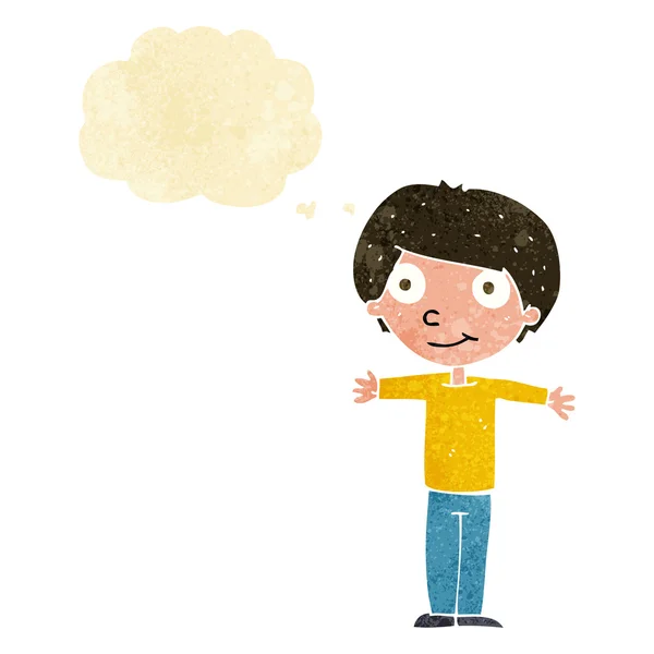 Kreslený šťastný chlapec s otevřenou náručí s myšlenkovou bublinou — Stockový vektor