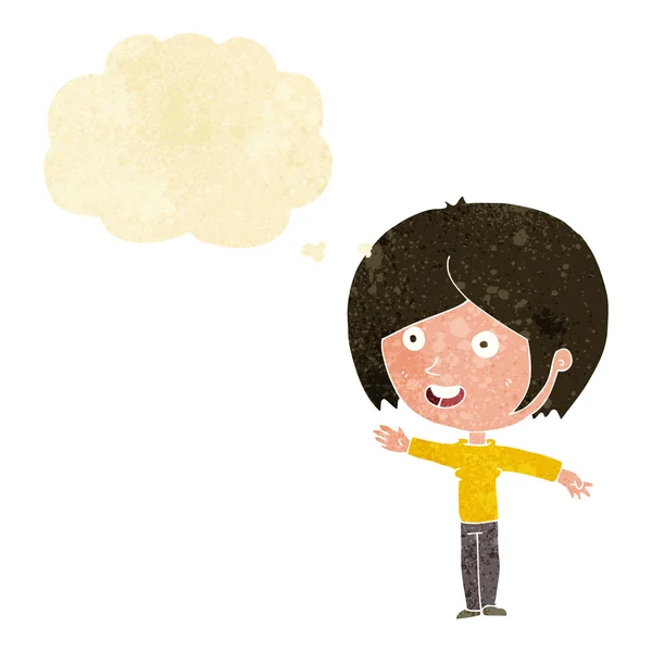 Dibujos animados chica feliz agitando con burbuja de pensamiento — Archivo Imágenes Vectoriales