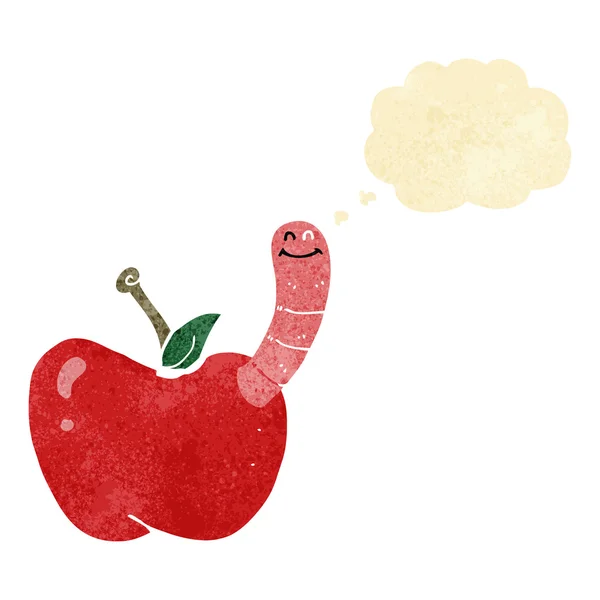 Cartoon appel met worm met gedachte zeepbel — Stockvector