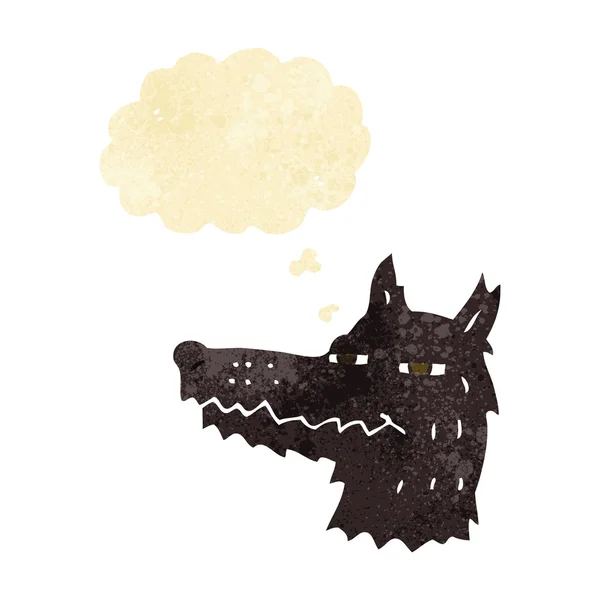 Dibujos animados cara de lobo presumido con burbuja de pensamiento — Vector de stock