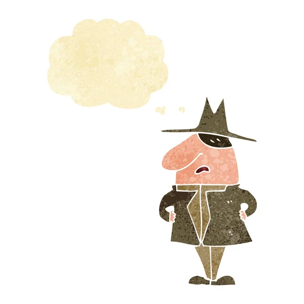 Hombre de dibujos animados en abrigo y sombrero con burbuja de pensamiento — Vector de stock