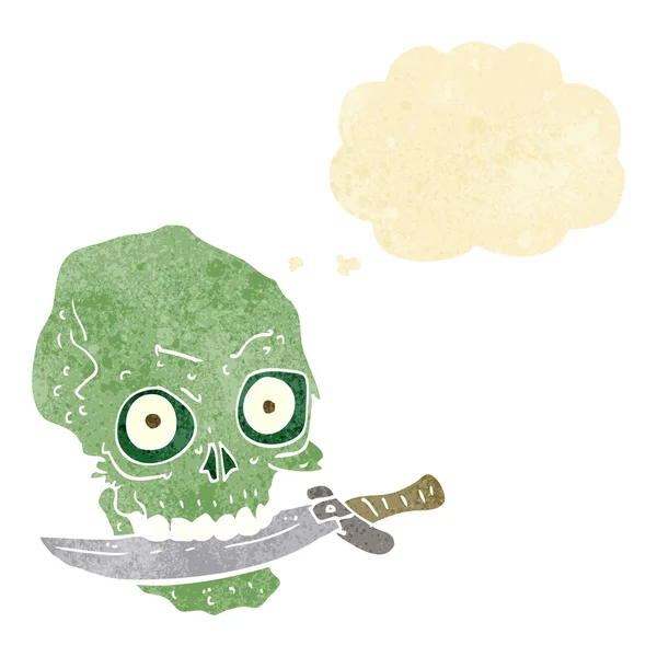 Calavera pirata de dibujos animados con cuchillo en los dientes con burbuja de pensamiento — Vector de stock