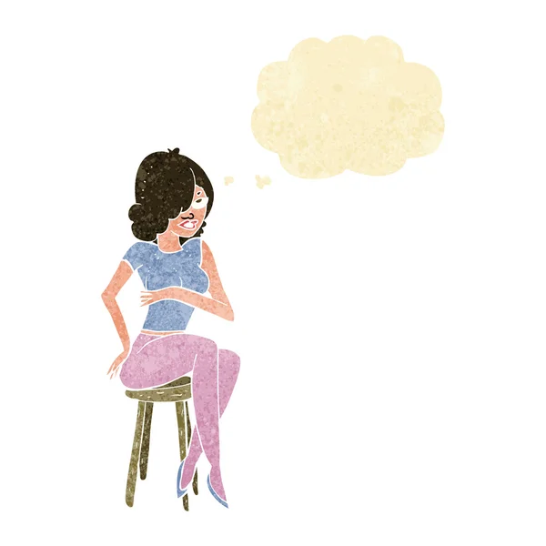 Dessin animé femme assise sur tabouret de bar avec bulle de pensée — Image vectorielle