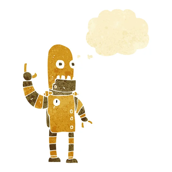 Dibujos animados ondeando robot de oro con burbuja de pensamiento — Vector de stock