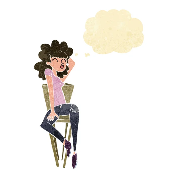 Mujer de dibujos animados posando en silla con burbuja de pensamiento — Archivo Imágenes Vectoriales