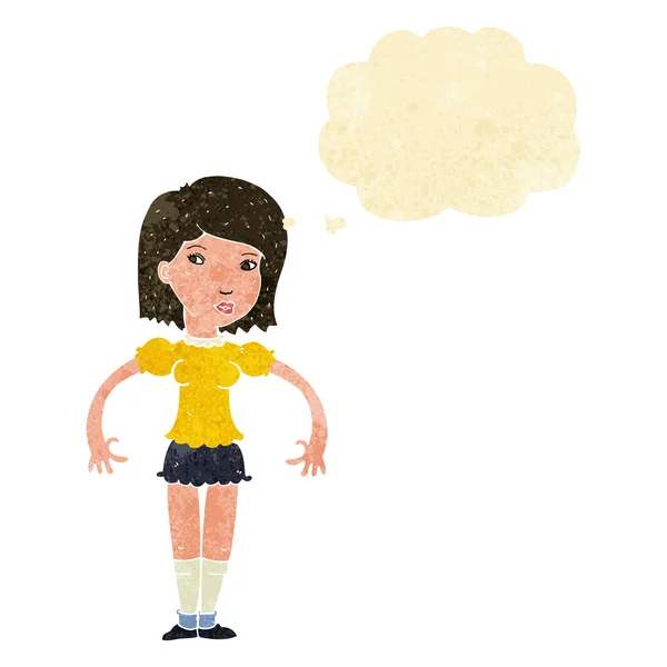 Femme dessin animé regardant latéralement avec bulle de pensée — Image vectorielle