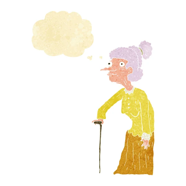 Tecknad gammal kvinna med tanke bubbla — Stock vektor