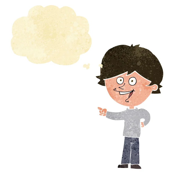 Cartoon pojke skrattar och pekar med tankebubbla — Stock vektor