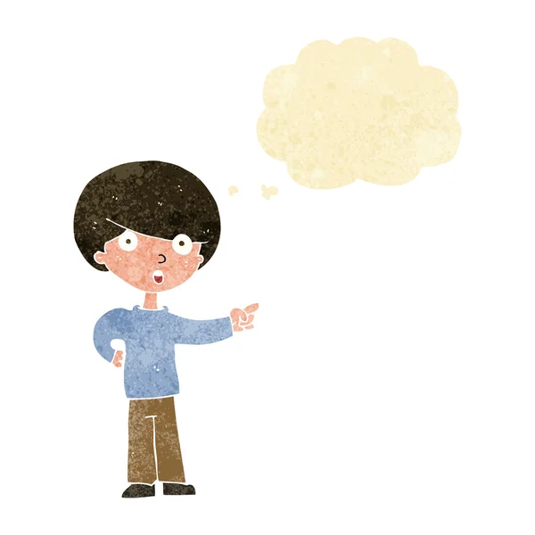 Dessin animé pointant garçon avec bulle de pensée — Image vectorielle