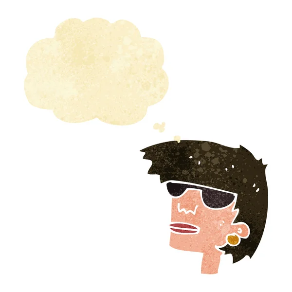Cartone animato volto femminile con occhiali con bolla di pensiero — Vettoriale Stock