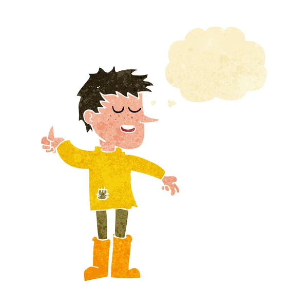 Cartoon poor boy with positive attitude with thought bubble — Stock Vector