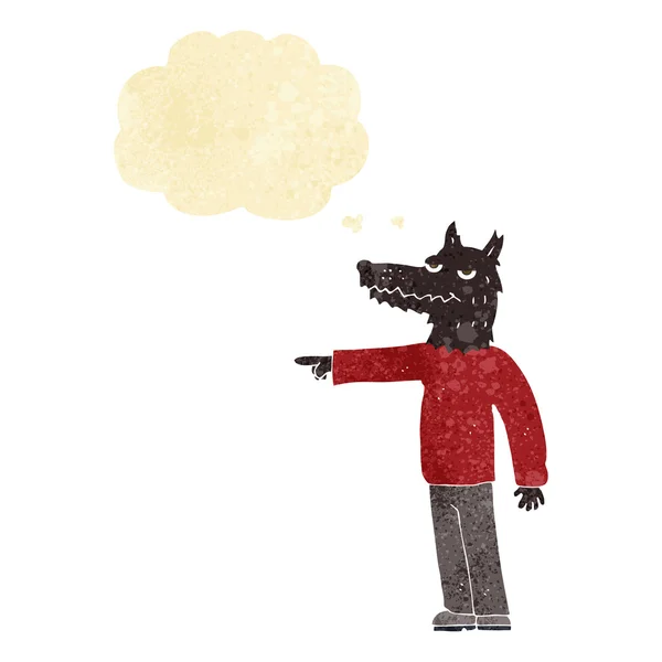Desenho animado lobo homem apontando com bolha de pensamento — Vetor de Stock