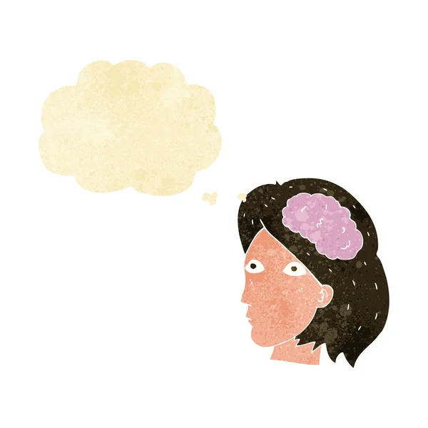 Dessin animé tête féminine avec symbole du cerveau avec bulle de pensée — Image vectorielle