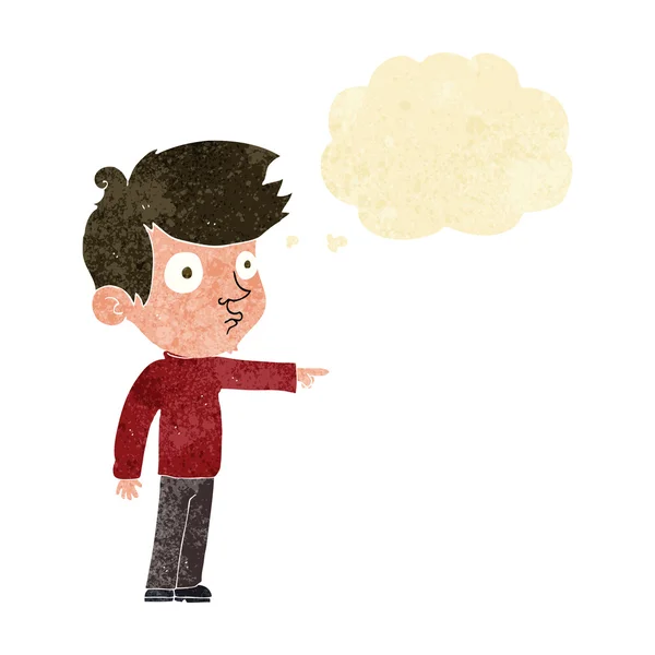 Desenho animado apontando menino com bolha de pensamento — Vetor de Stock