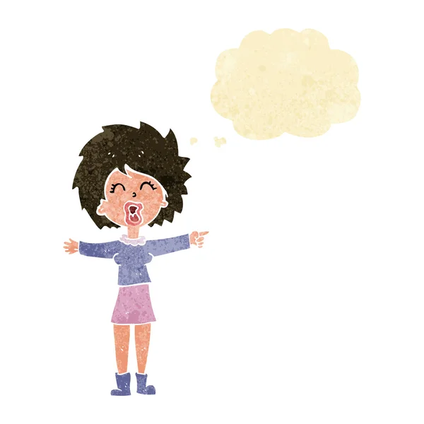 Desenho animado estressado mulher falando com bolha de pensamento — Vetor de Stock