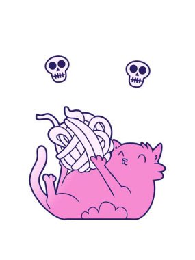 Çizgi film kedisinin kafatası animasyonu ip yumağıyla oynuyor.