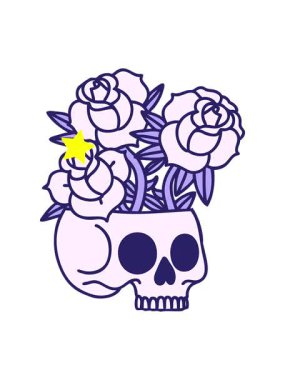 Parıldayan yıldızlar, bir kafatası ve güllerin ikonik dövmesini canlandırır.