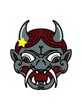 Parıldayan yıldızlar Japon kabuki tiyatro maskesinin animasyonunu etkiler.