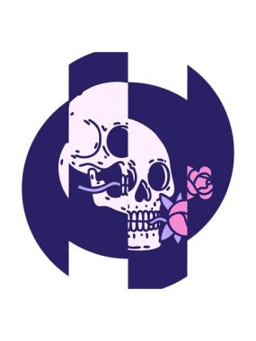 Bir kafatası ve gülün ikonik dövme çiziminin bölünen hareketi