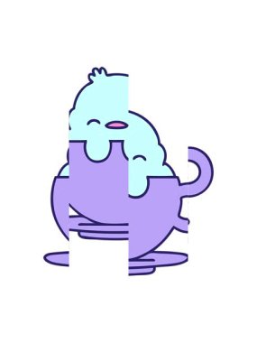 Çay fincanında oturan sevimli bir yavru kuşun karikatürü.