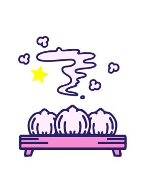 Parlayan yıldızlar ahşap tepside buharlaşan geleneksel Japon hamur köftelerinin animasyonunu etkiler.