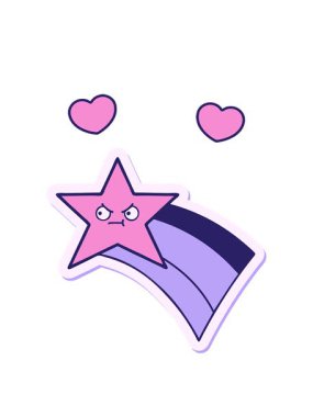 Gökkuşağı yıldızı kayan sevimli çizgi film çıkartmasının dönen kalpleri canlandırması