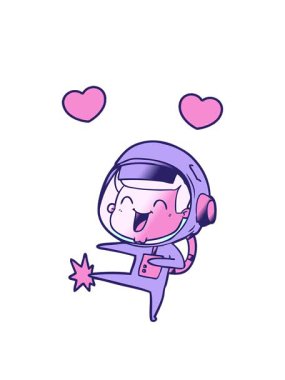 Mutlu el çizilmiş çizgi film astronotunun dönen kalp animasyonu