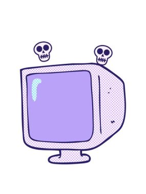 el yazması çizilmiş karikatür eski bilgisayar monitörünün kafatası animasyonu