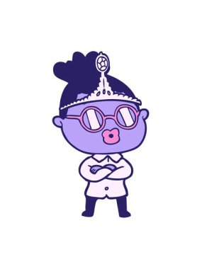 Gözlük ve taç takan karikatürist kadının hareketli animasyonu.