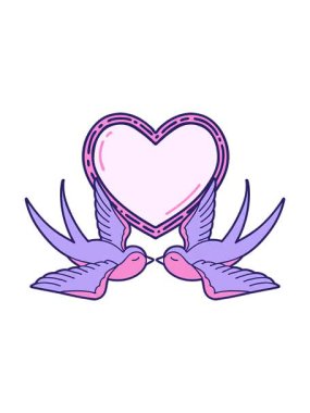 Dövme stili çizimlerin, kırlangıçların ve bir kalbin basınçlı animasyonu