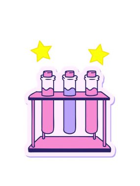 Bir bilim test tüpünün el çizimi çizgi film karalamalarının dönen yıldızları.