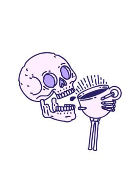 Yanıp sönen radyal çizgiler geleneksel bir kafatası tarzında dövme animasyonu kahve içiyor.