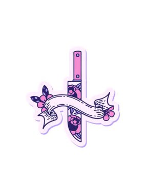 Hançer ve çiçek pankartıyla dövme stili çıkartmanın hareketli animasyonu