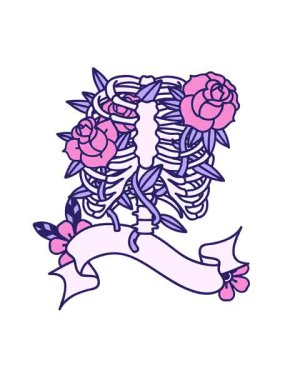 Geleneksel dövmenin titreşimli animasyonu. Göğüs kafesi ve çiçek pankartıyla.