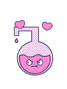 Bir bilim deneyinin çizgi roman tarzı karikatürünün dönen kalpleri.