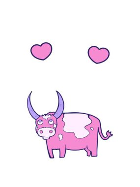 Karikatür inek çiziminin dönen kalp animasyonu