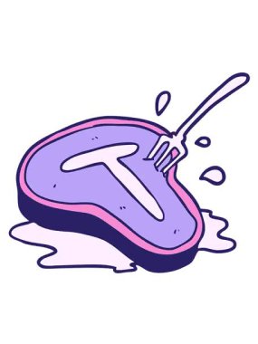 Biftek ve çatalla pişirilmiş çizgi filmin titreşimli animasyonu