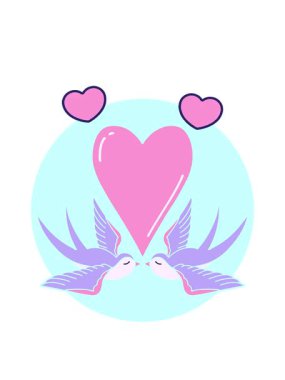 Karikatür ikonik dövme stili kırlangıçlar ve bir kalbin dönen kalpleri canlandırması.