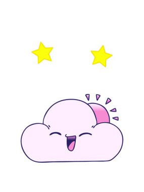 Değişken gölgeli çizgi film güneşinin dönen yıldızları ve mutlu bulutları.