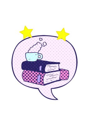 Çizgi roman ve kahve fincanının çizgi roman tarzında dönen yıldızları canlandırması.