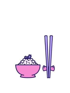 Japon pilavının yemek çubuklarıyla desenli kasede zıplayarak hareket etmesi.