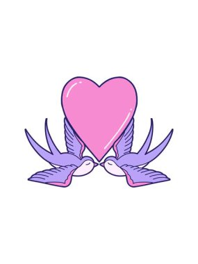 Dikkat çekici ikonik dövme görüntüsü kırlangıçlar ve kalp karikatürü.